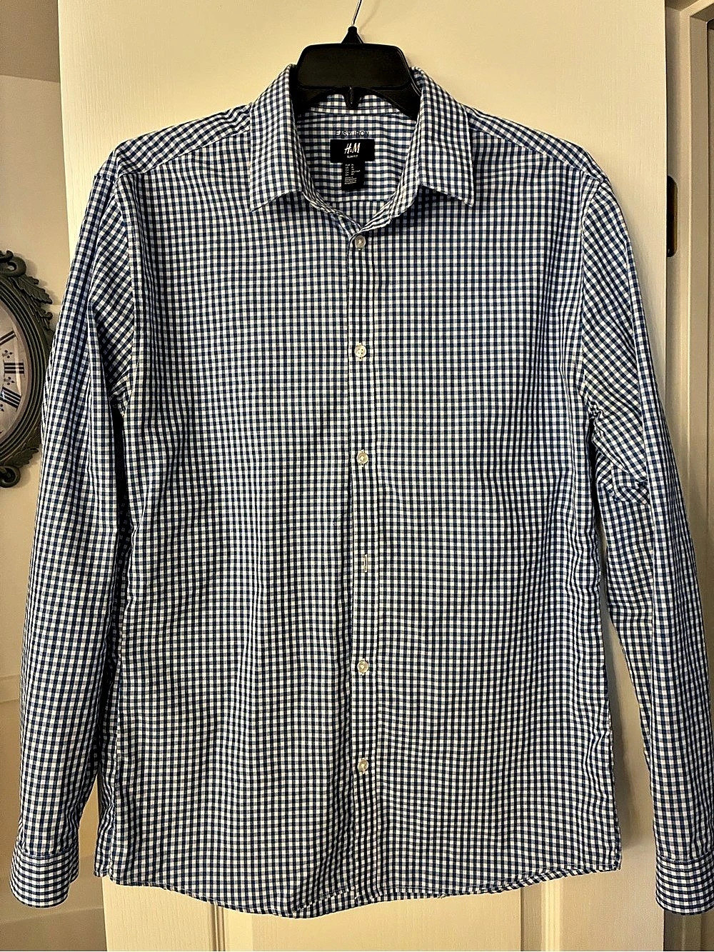 H&M Slim Fit Easy-Iron Shirt Gingham Blue & White XL